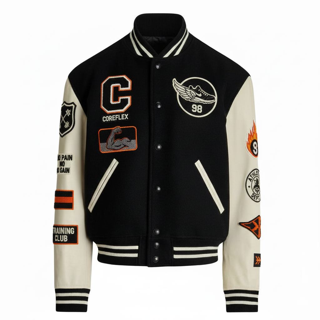 Black and white varsity jacket with various patches on a white background