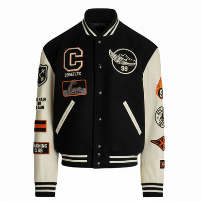 Black and white varsity jacket with various patches on a white background
