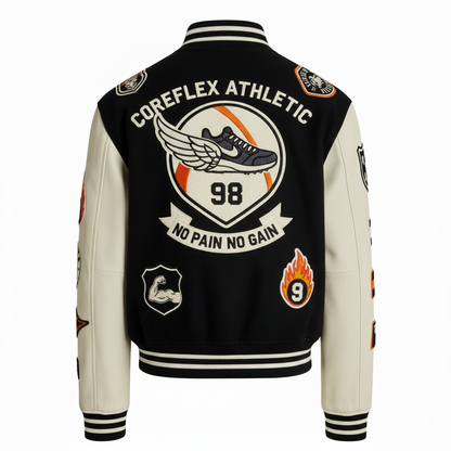 Black and beige varsity jacket with athletic-themed designs and text on a white background