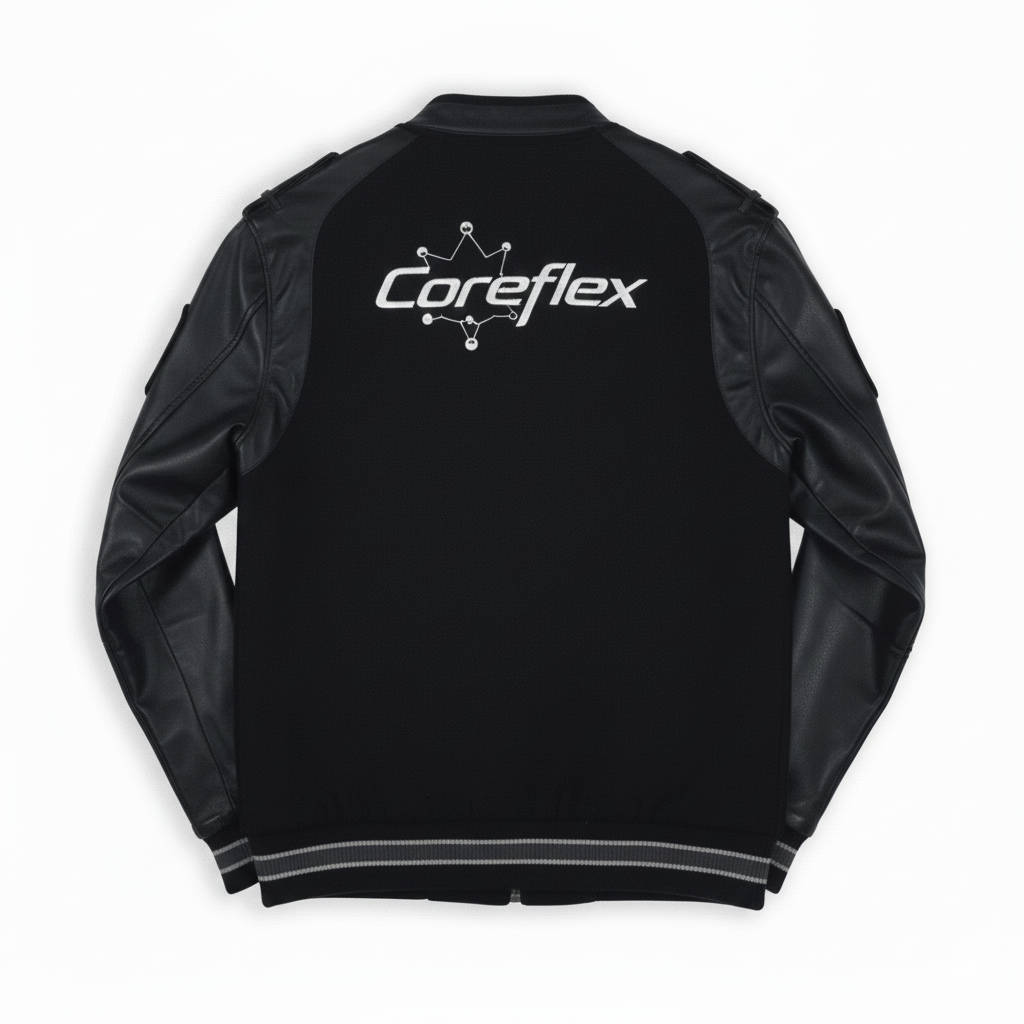 Black jacket with 'Coreflex' logo on the back against a white background
