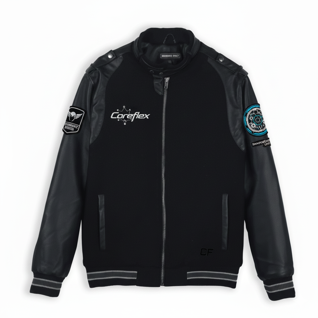 Black jacket with Coreflex branding on a white background