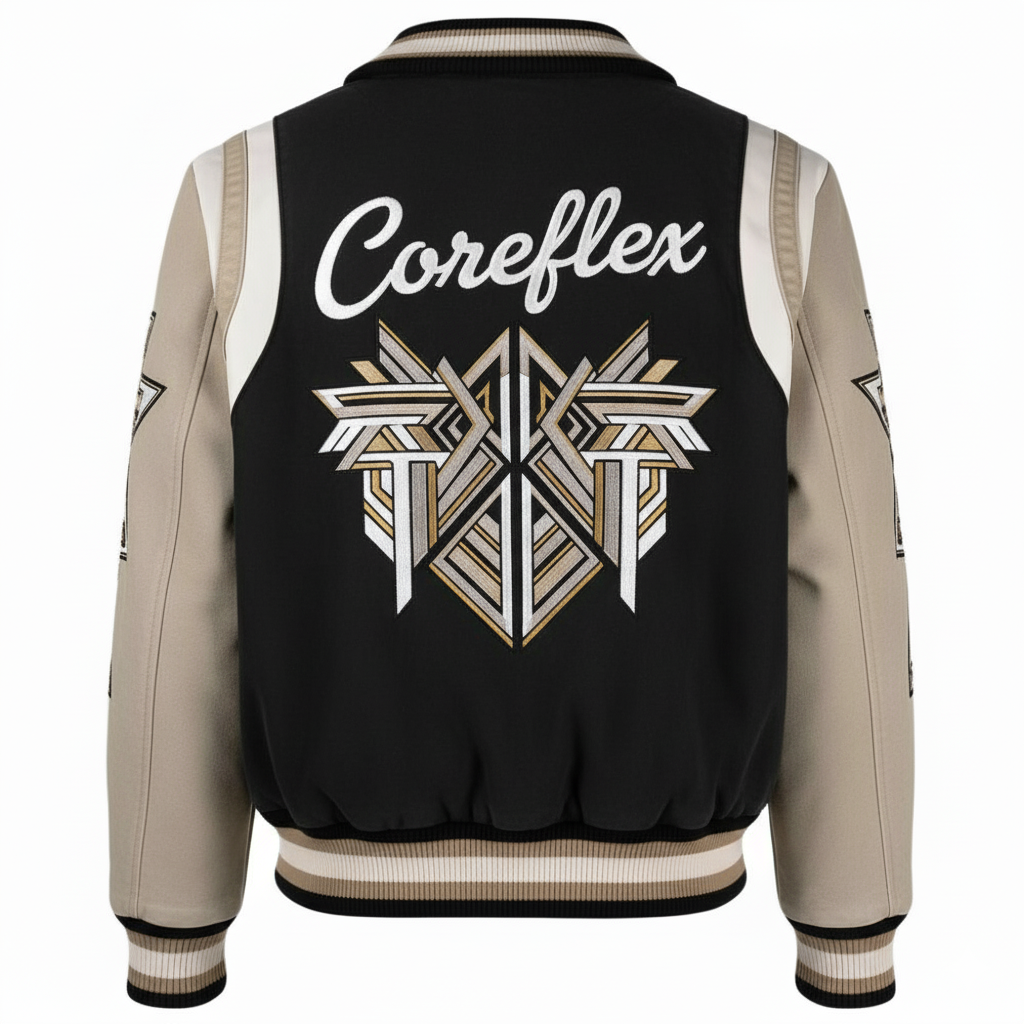 Black and beige jacket with 'Coreflex' logo on the back