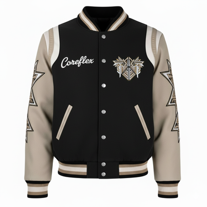 Black and beige varsity jacket with 'Coreflex' branding on a white background
