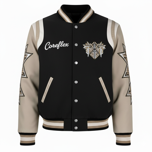 Black and beige varsity jacket with 'Coreflex' branding on a white background