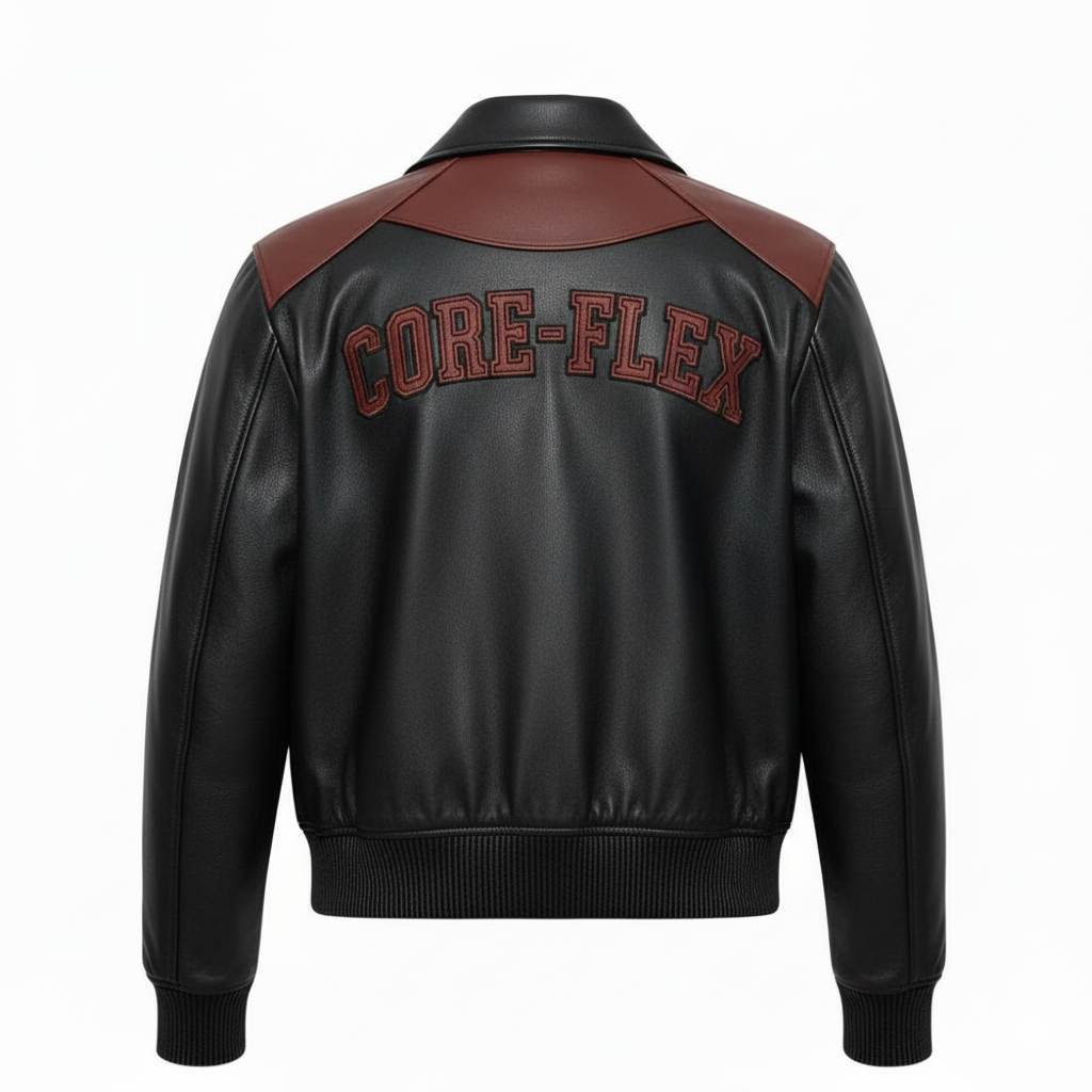 Black leather jacket with red 'CORE-FLEX' text on a white background