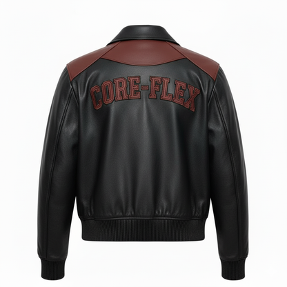 Black leather jacket with red 'CORE-FLEX' text on a white background