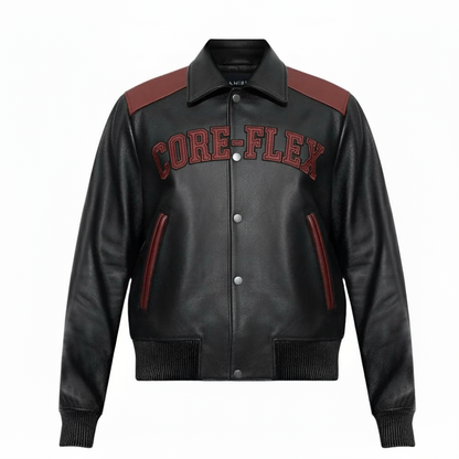 Black leather jacket with red accents and 'CORE-FLEX' text on a white background