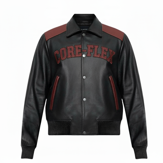 Black leather jacket with red accents and 'CORE-FLEX' text on a white background