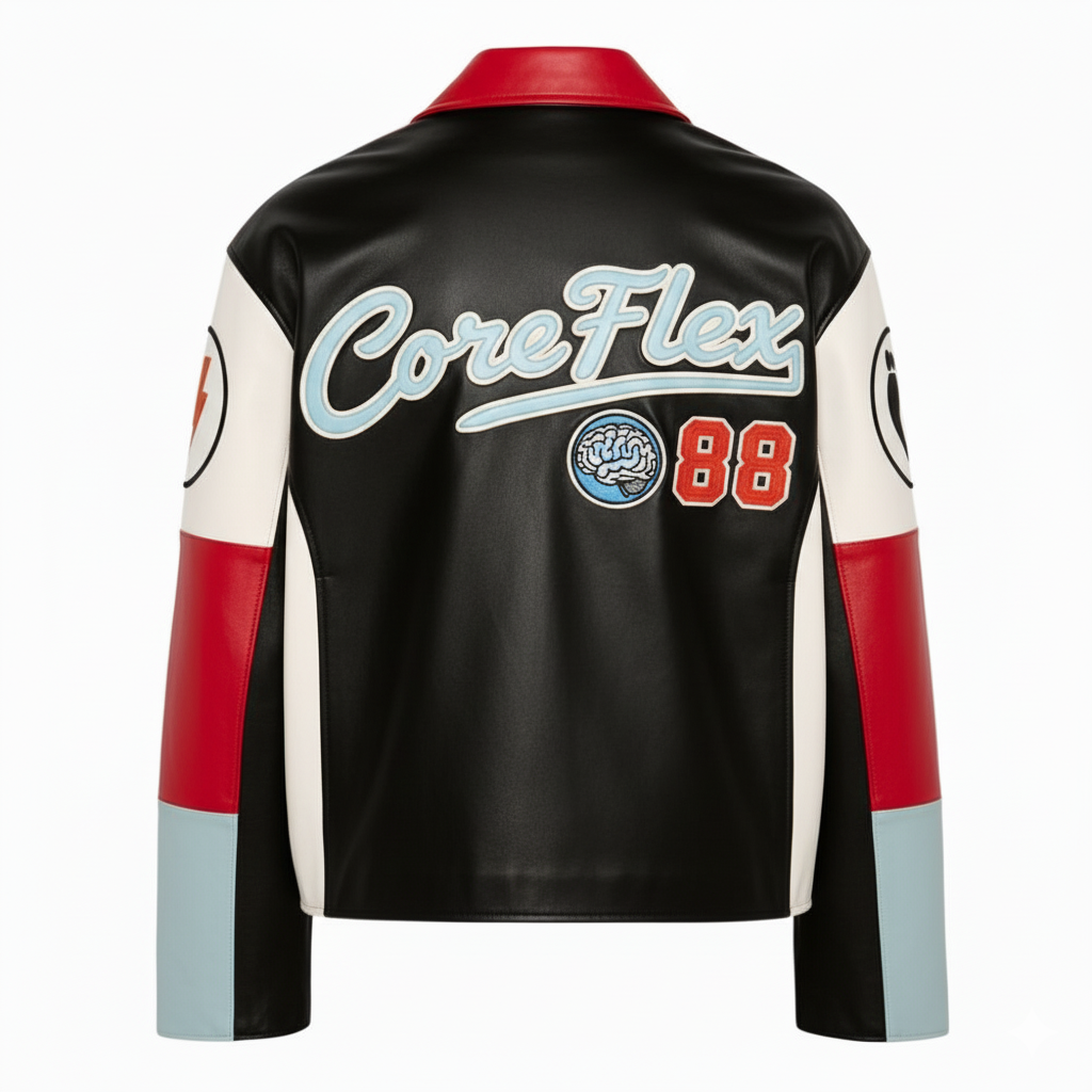 Black leather jacket with 'CoreFlex' and number '88' on a white background