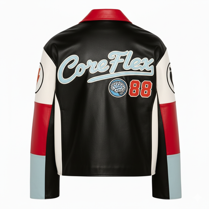 Black leather jacket with 'CoreFlex' and number '88' on a white background