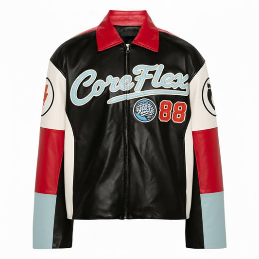 Black leather jacket with red and white accents featuring 'CoreFlex' and number '88' on a white background.