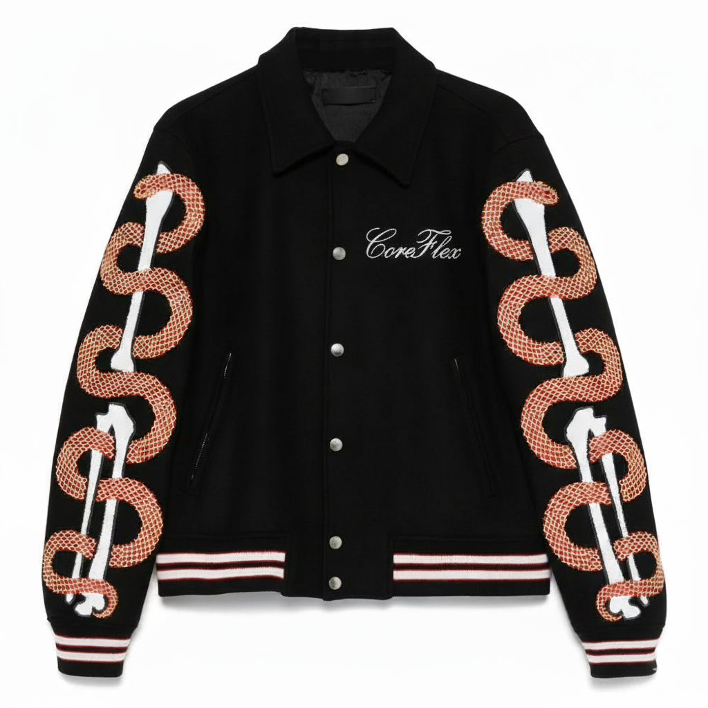 Black jacket with snake designs and 'Core Flex' text on a white background