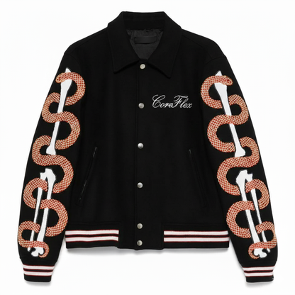Black jacket with snake designs and 'Core Flex' text on a white background