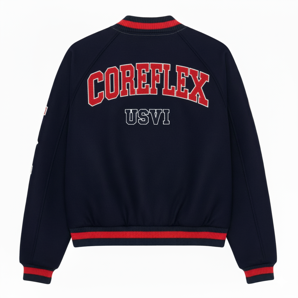 Navy blue jacket with red and white text on a white background