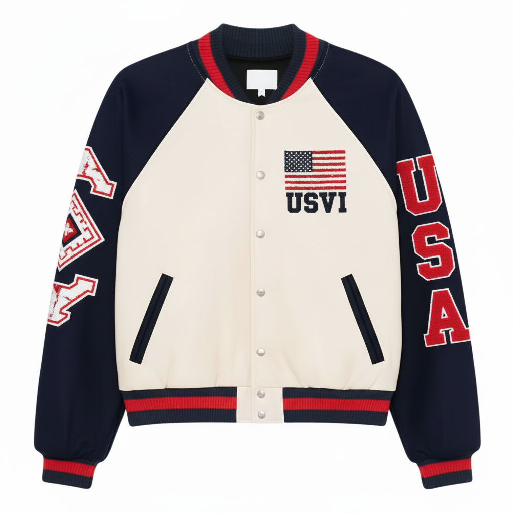 Varsity jacket with USA and USVI text and American flag on a white background