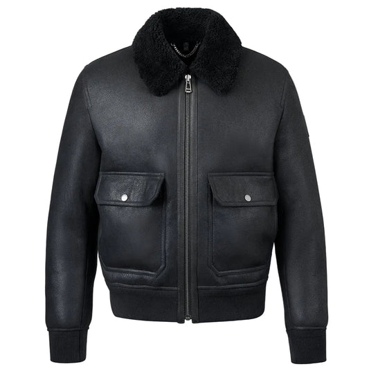 Men's Black Shearling Aviator Jacket Semi-Oiled Leather