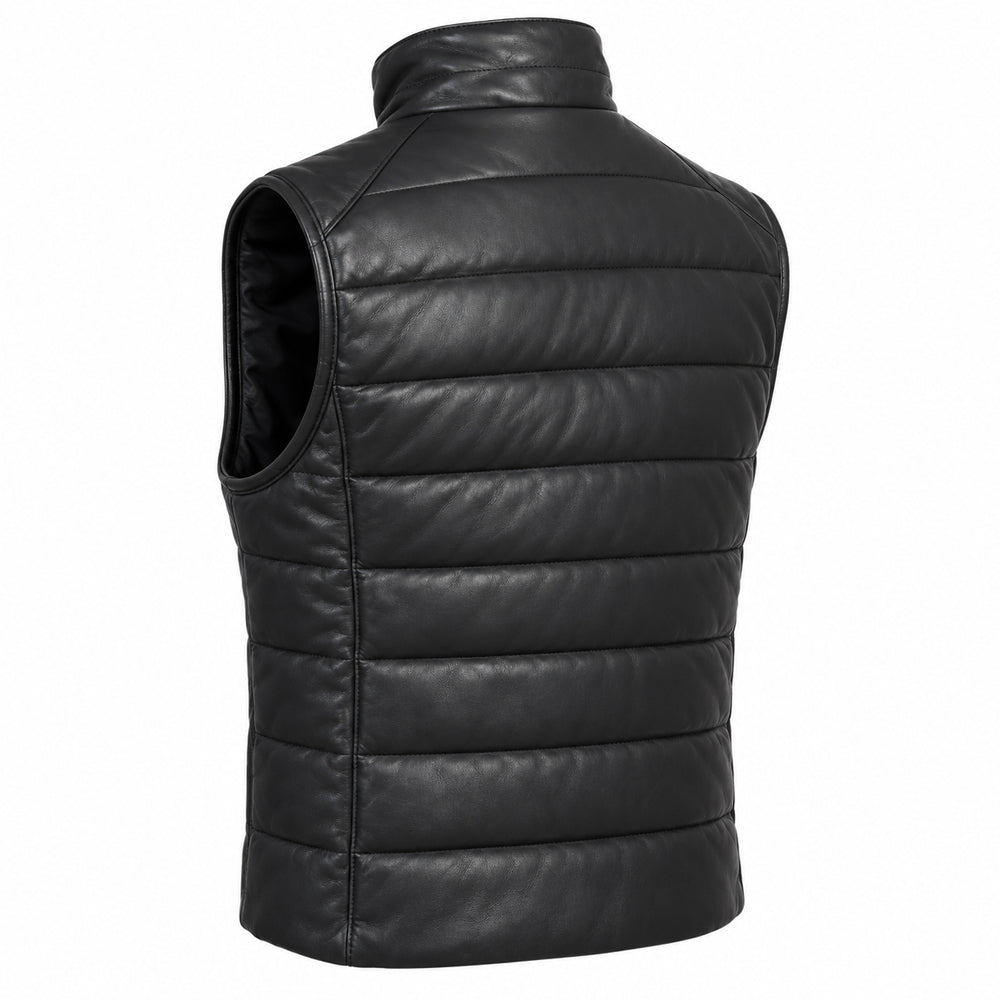 Men’s black sheepskin leather quilted vest with zip front and two pockets
