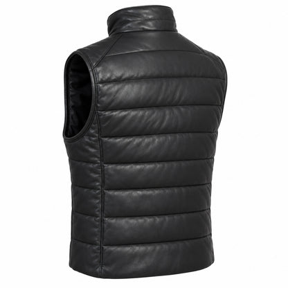 Men’s black sheepskin leather quilted vest with zip front and two pockets