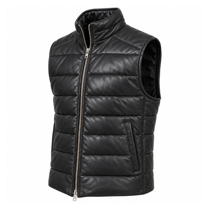 Men’s black sheepskin leather quilted vest with zip front and two pockets