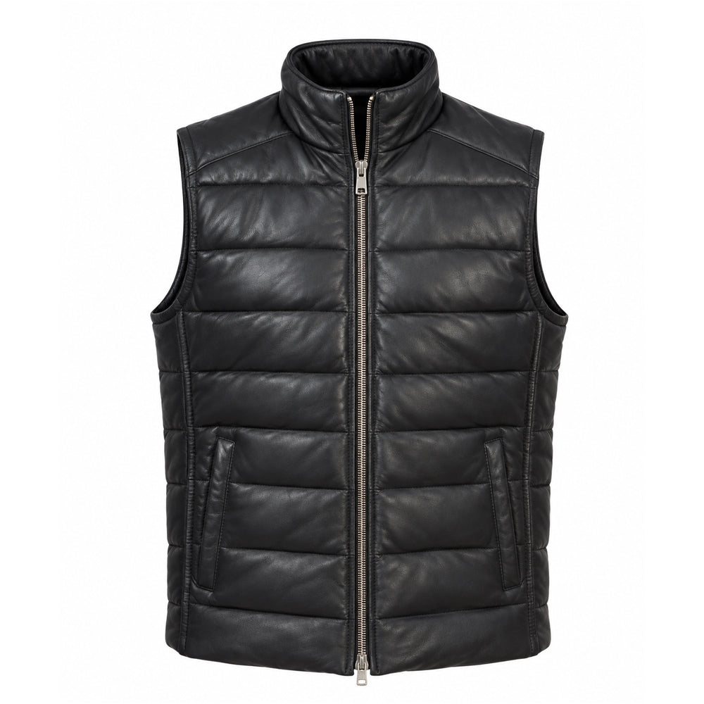 Men’s black sheepskin leather quilted vest with zip front and two pockets