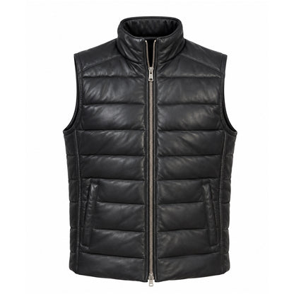 Men’s black sheepskin leather quilted vest with zip front and two pockets