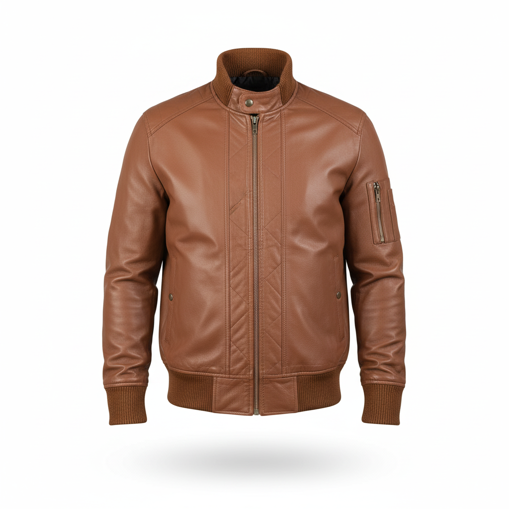 Brown leather jacket on a white background