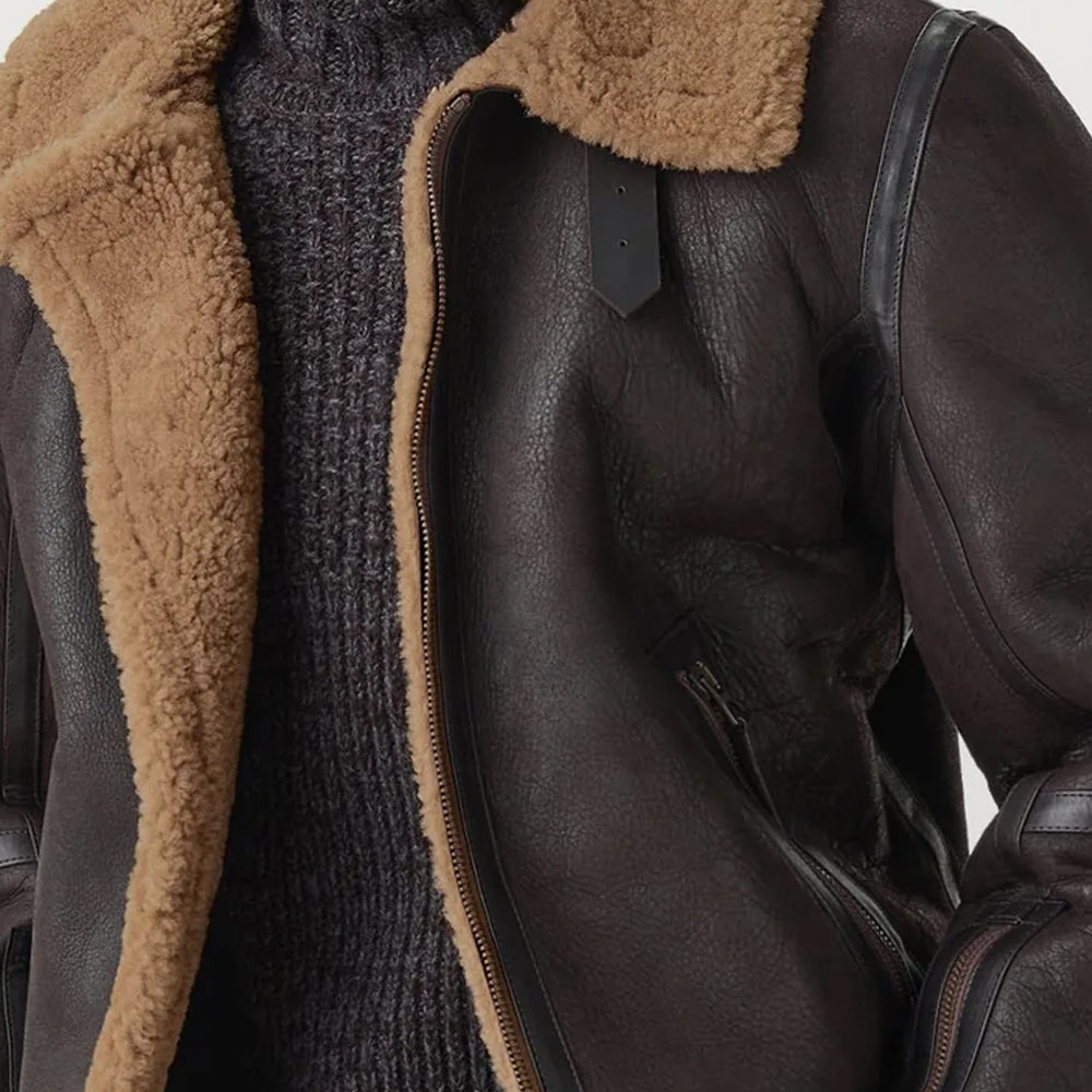 Men's Ebony Leather Aviator Jacket Dark Sandstone Shearling