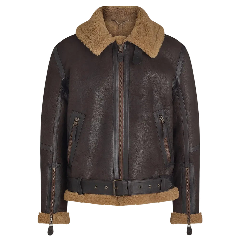 Men's Ebony Leather Aviator Jacket Dark Sandstone Shearling