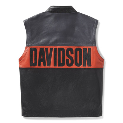 Mens genuine cowhide leather motorcycle vest with contrast leather details and two way zipper
