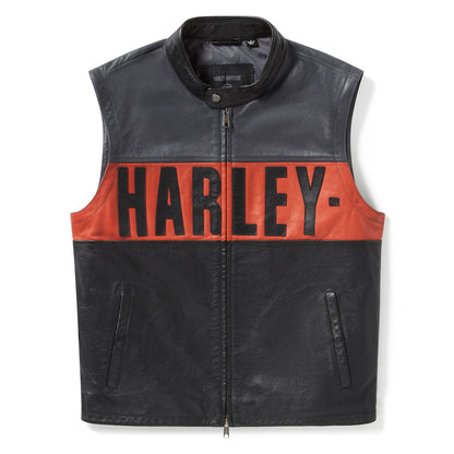 Mens genuine cowhide leather motorcycle vest with contrast leather details and two way zipper