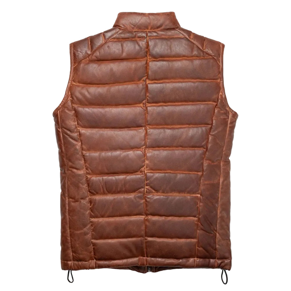 Men's lightweight light brown leather down vest made from full-grain lambskin