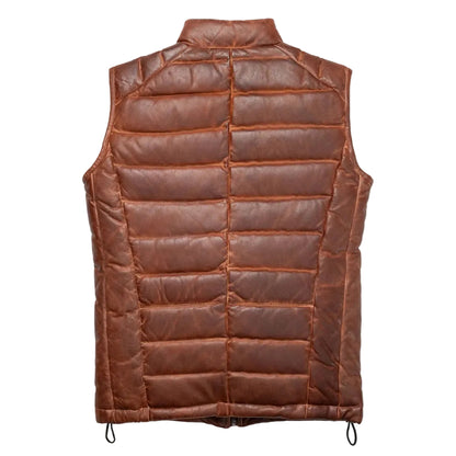 Men's lightweight light brown leather down vest made from full-grain lambskin