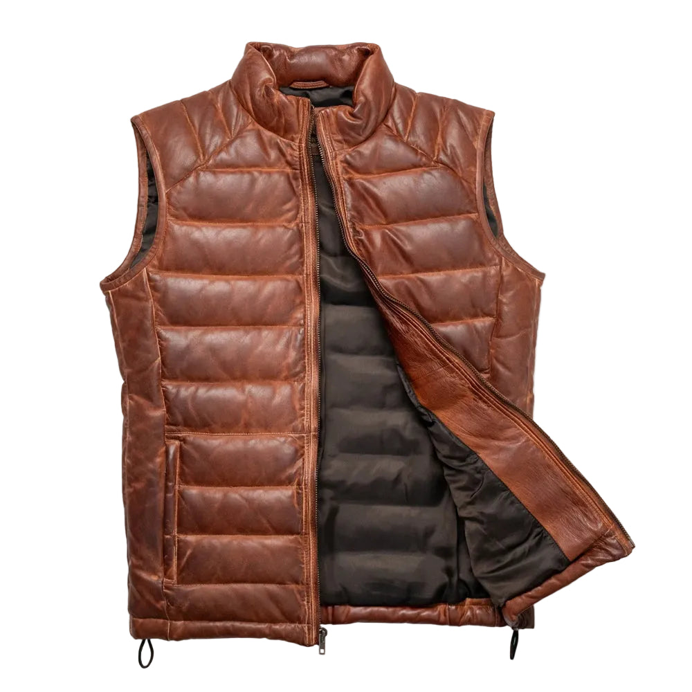 Men's lightweight light brown leather down vest made from full-grain lambskin