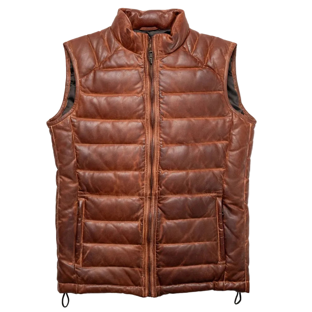 Men's lightweight brown leather down vest with quilted design