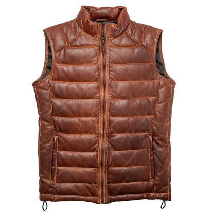 Men's lightweight brown leather down vest with quilted design