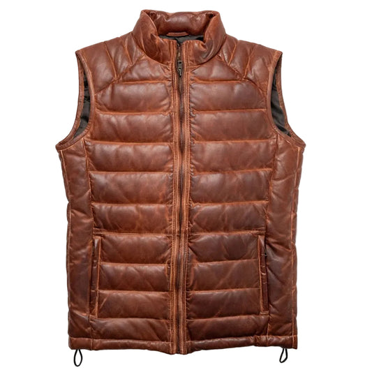 Men's lightweight brown leather down vest with quilted design