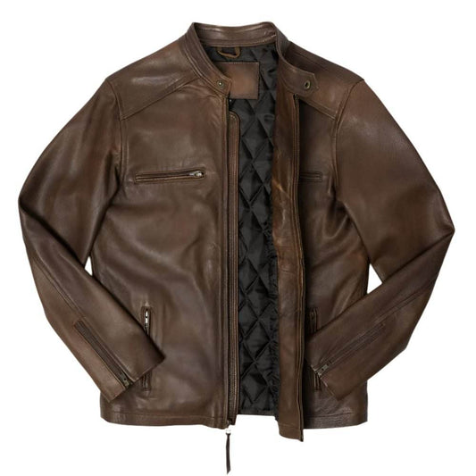 Men's Motorcycle Leather Jacket Brown Lambskin - CoreFlexInd