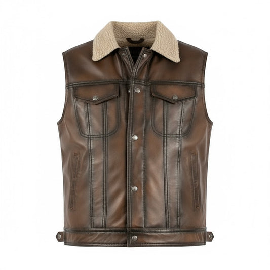 Brown leather vest with beige collar on a white background