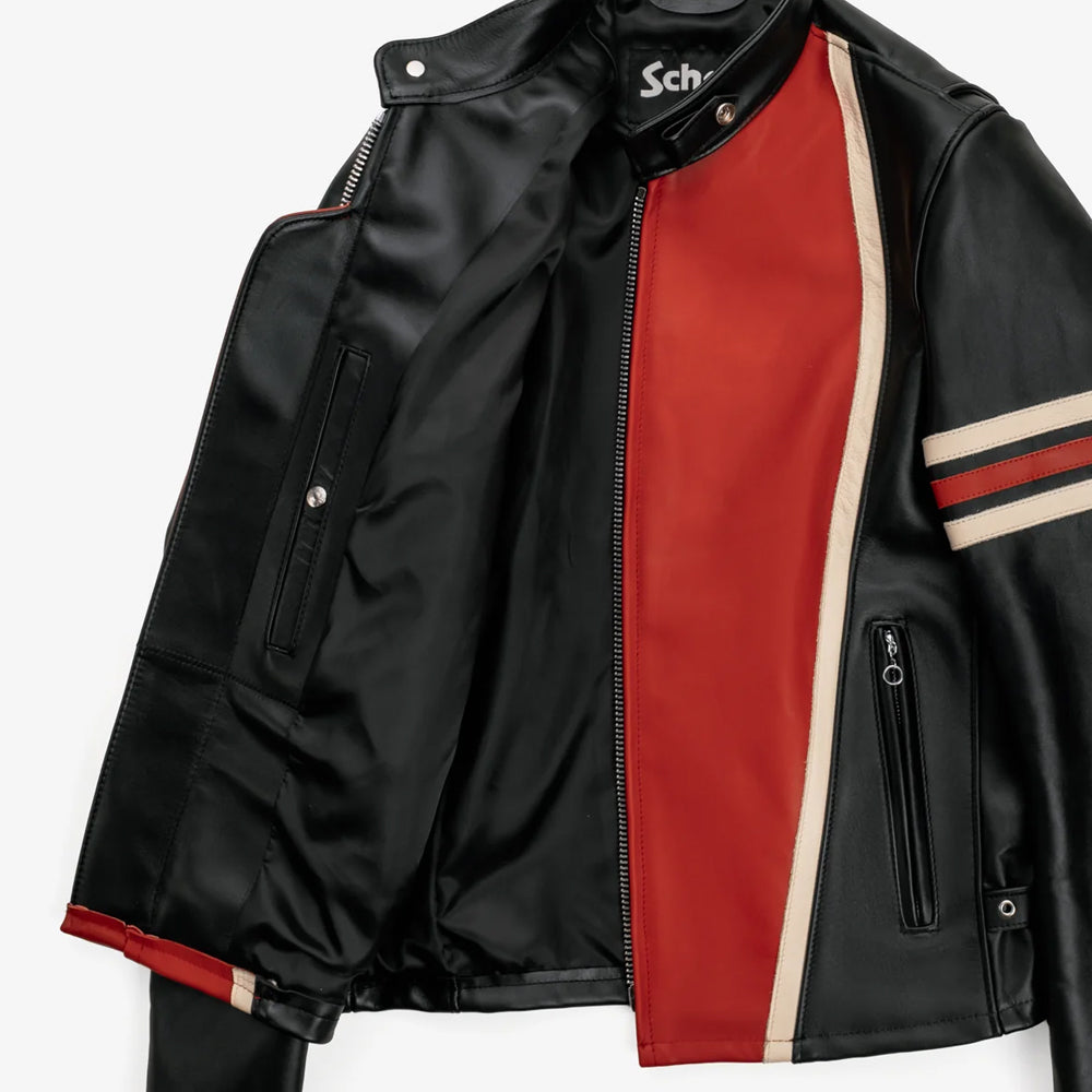 Men's Striped Steerhide Cafe Racer Leather Motorcycle Jacket