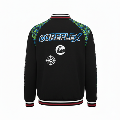 Black jacket with colorful sleeves and 'COREFLEX' branding on a white background