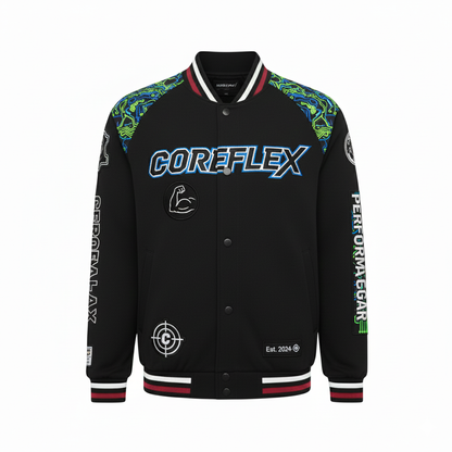 Black varsity jacket with colorful sleeves and COREFLEX branding on a white background