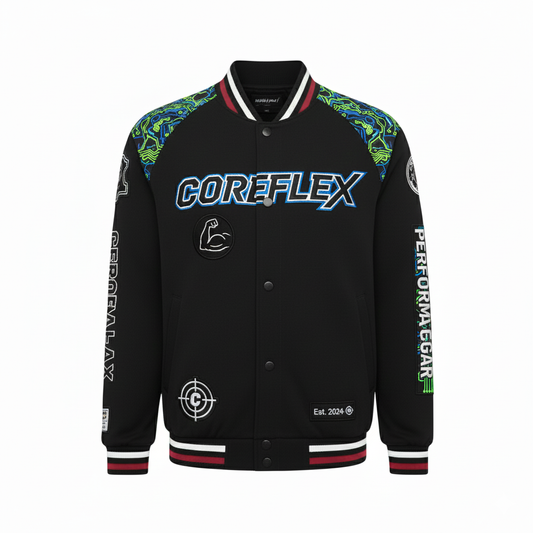 Black varsity jacket with colorful sleeves and COREFLEX branding on a white background