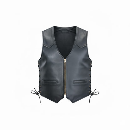 Black leather vest with lace-up sides on a white background