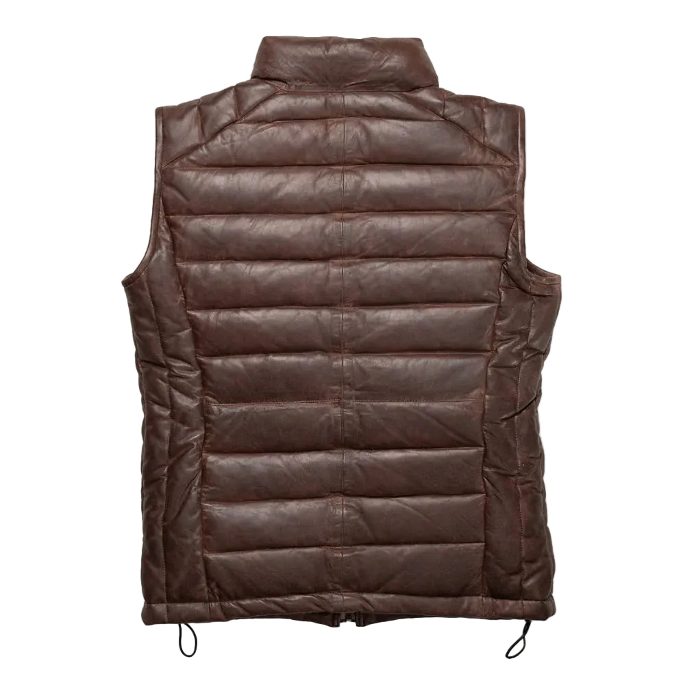 Shop our men's dark brown leather down vest made from full-grain lambskin with lightweight 80/20 down insulation, quilted panels, front pockets, and a padded collar.