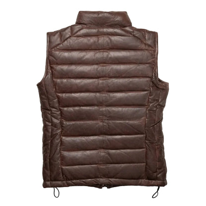 Shop our men's dark brown leather down vest made from full-grain lambskin with lightweight 80/20 down insulation, quilted panels, front pockets, and a padded collar.