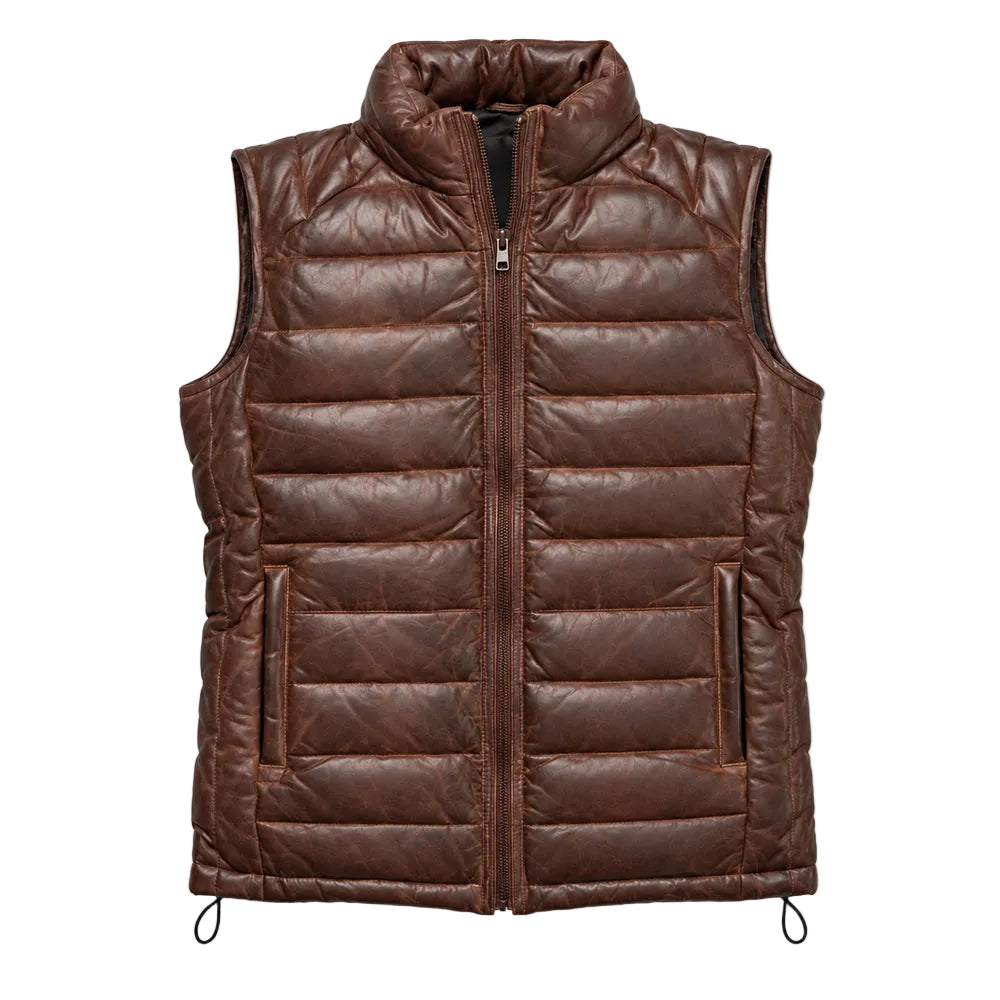 Shop our men's dark brown leather down vest made from full-grain lambskin with lightweight 80/20 down insulation, quilted panels, front pockets, and a padded collar.