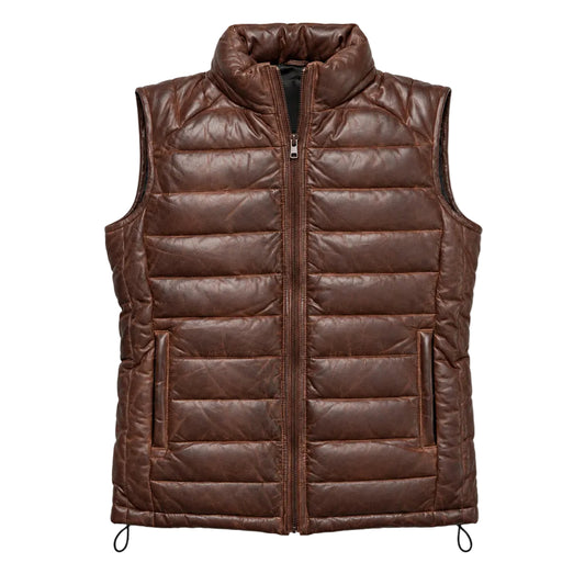 Shop our men's dark brown leather down vest made from full-grain lambskin with lightweight 80/20 down insulation, quilted panels, front pockets, and a padded collar.