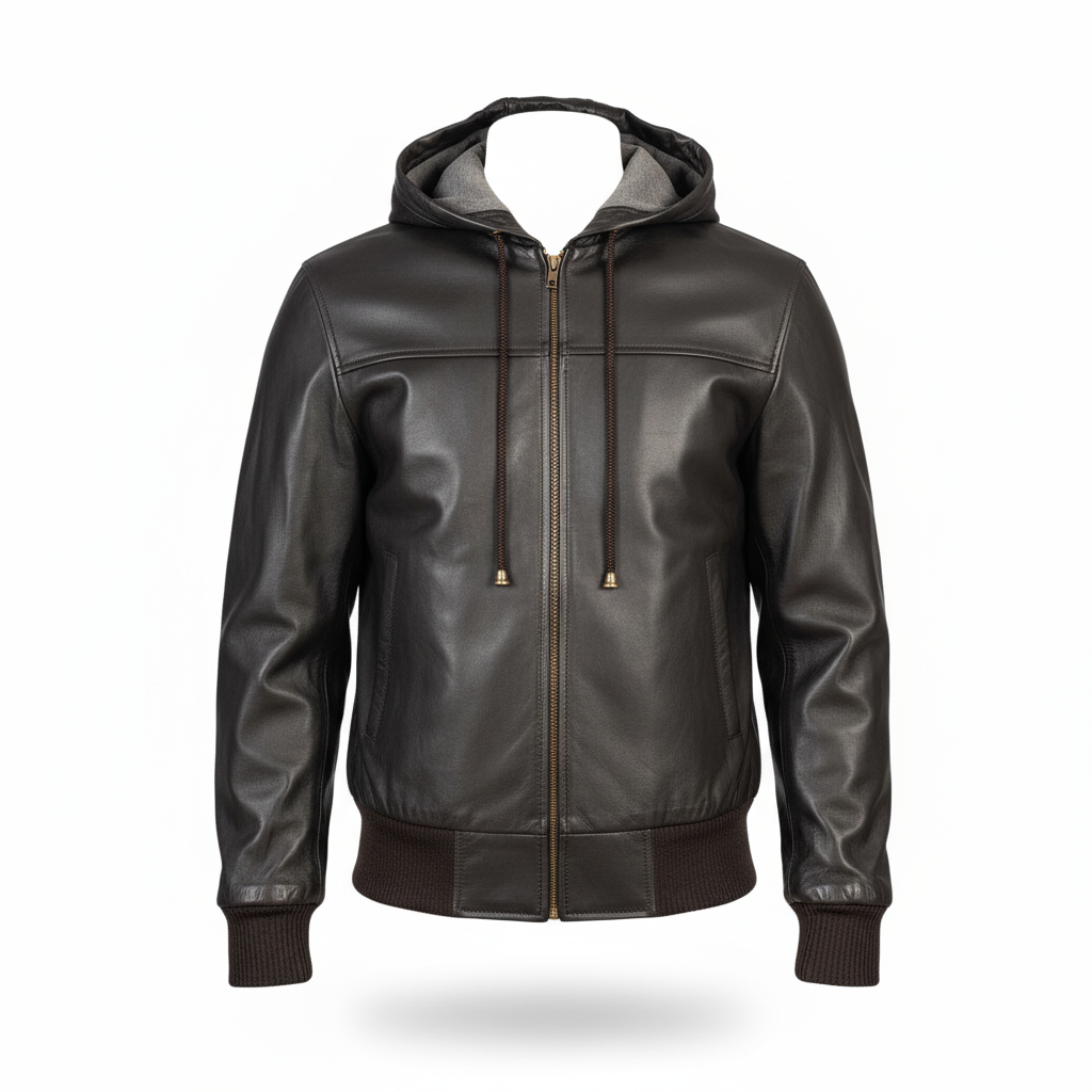 Black leather jacket with a hood on a white background