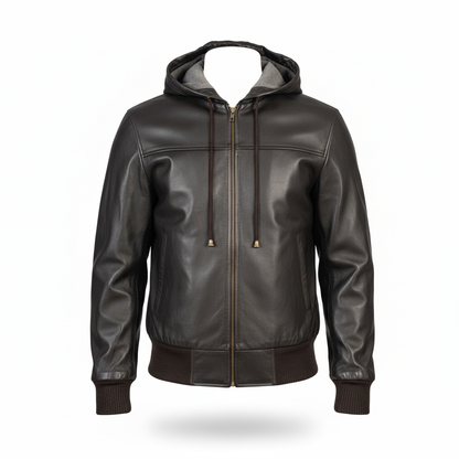 Black leather jacket with a hood on a white background