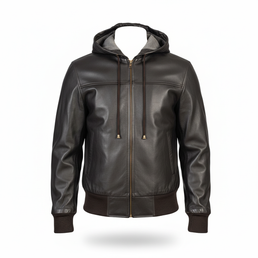 Black leather jacket with a hood on a white background